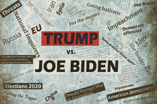 New york, usa - 04. januar 2020: illustrative collage mit zeitungsschlagzeilen und texten über den us-präsidenten donald trump und den demokratischen politiker joe biden. — Stockbild New York Usa Januar 2020 Illustrative Collage Mit Zeitungsschlagzeilen Und — Stockfoto