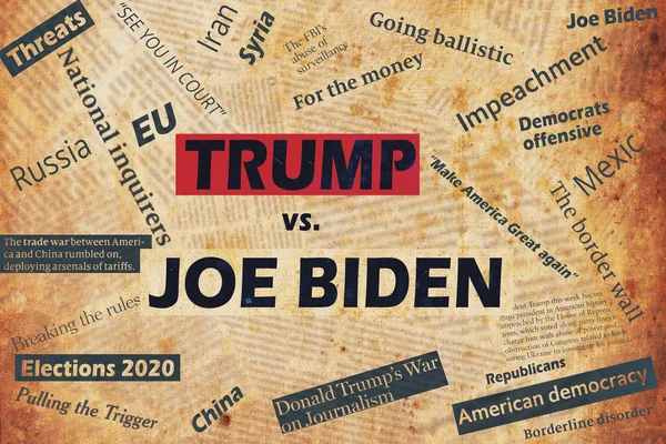 New york, usa - 04. januar 2020: illustrative collage mit zeitungsschlagzeilen und texten über den us-präsidenten donald trump und den demokratischen politiker joe biden. — Stockbild New York Usa Januar 2020 Illustrative Collage Mit Zeitungsschlagzeilen Und — Stockfoto