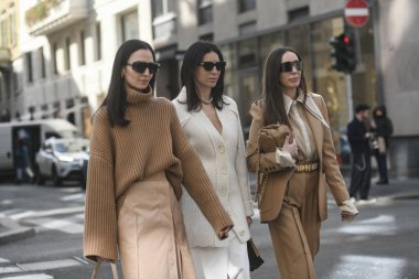 Milan, İtalya - 21 Şubat 2020: Milano Moda Haftası 'nda sokak tarzı görünümü - sokak solu 20