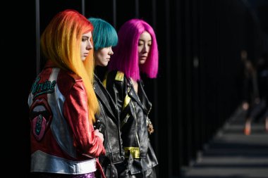 Milan, İtalya - 19 Şubat 2020: Milano Moda Haftası 'nda sokak tarzı görünümü - sokak solu 20