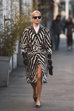 Milan, İtalya - 21 Şubat 2020: Milano Moda Haftası 'ndaki bir defileden önce Caroline Daur - Sokak Stili Solu 2