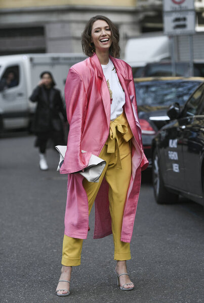 Milan, Italy - February 21, 2020: Street style appearance during Milan Fashion Week - streetstylefw20