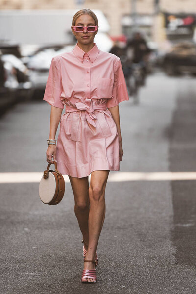 Milan, Italy - February 22, 2020: Street style appearance during Milan Fashion Week - streetstylefw20