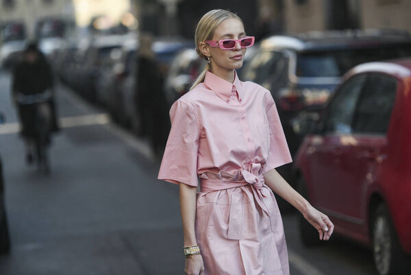 Milan, Italy - February 22, 2020: Street style appearance during Milan Fashion Week - streetstylefw20