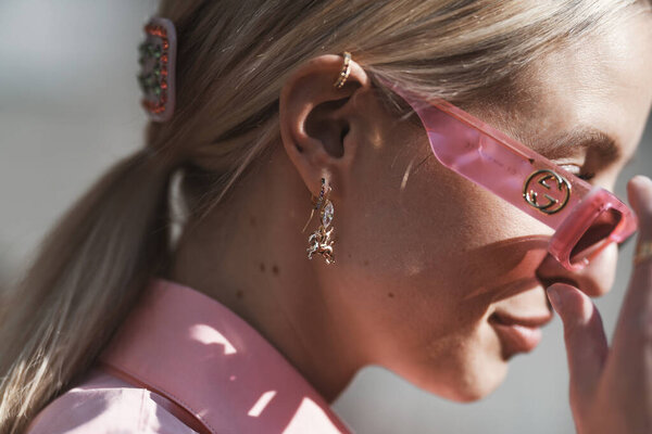 Milan, Italy - February 22, 2020: Street style appearance during Milan Fashion Week - streetstylefw20