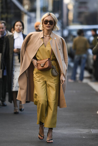 Milan, Italy - February 21, 2020: Viktoria Rader before a fashion show during Milan Fashion Week - streetstylefw2