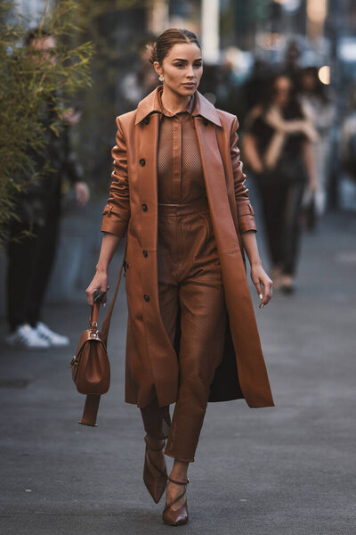 Milan, Italy - February 21, 2020: Olivia Culpo before a fashion show during Milan Fashion Week - streetstylefw2