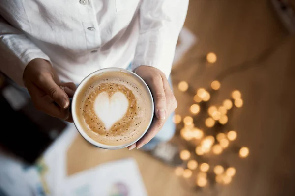 Girl Holding Coffee Cup Heart Work Background — Stock Photo, Image