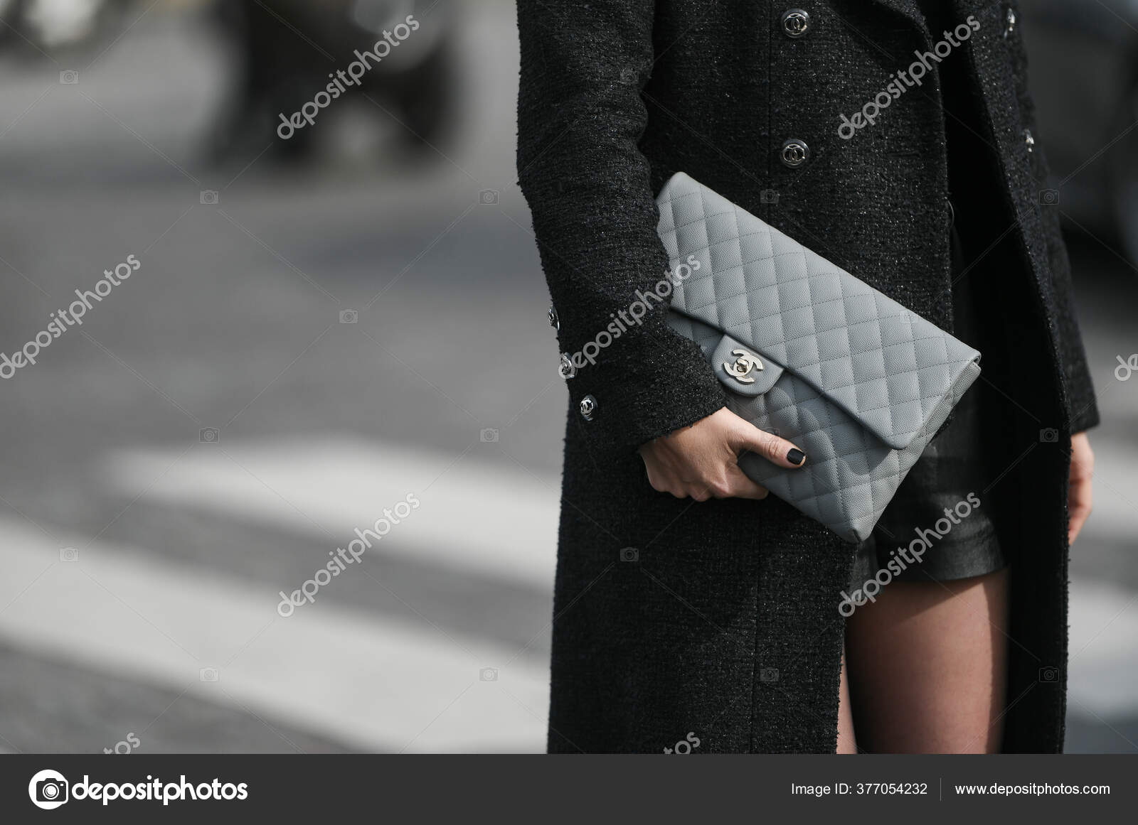 Paris France March 2020 Black Leather Mini Skirt Matched Blue