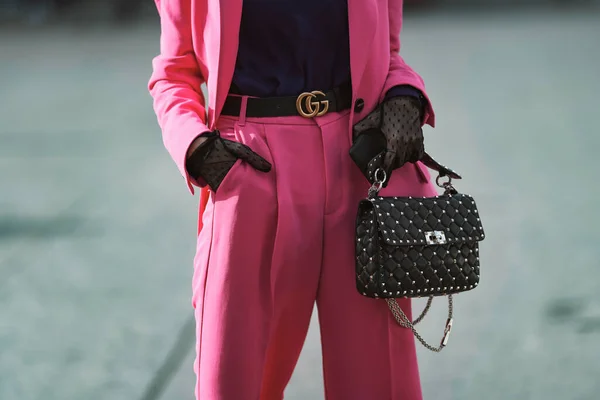 Paris France February 2020 Black Studded Handbag Gucci Belt Detail — Stock Photo, Image