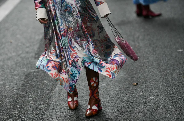 Paris France February 2020 Colorful Patterned Maxi Dress Detail Streetstylefw20 — Stock Photo, Image
