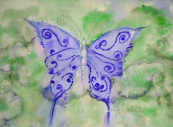 Бабочка в оттенках синего на зеленом фоне . — стоковое фото