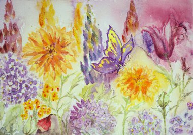 Kadife çiçeği, Hydrangea macrophylla, lupine ve haşhaş ile Bahçe.