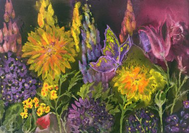 Kadife çiçeği, Hydrangea macrophylla, lupine ve haşhaş ile gece Bahçe. 