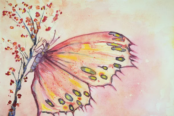 Un papillon multicolore assis sur une branche de sakura . — Photo