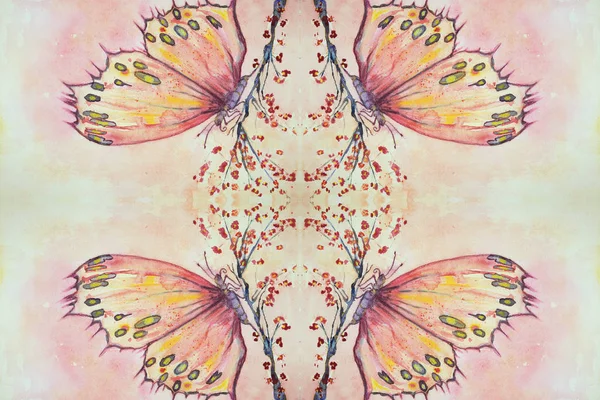 Un'impressione caleidoscopica di farfalle su un ramo di sakura che si guardano . — Foto Stock
