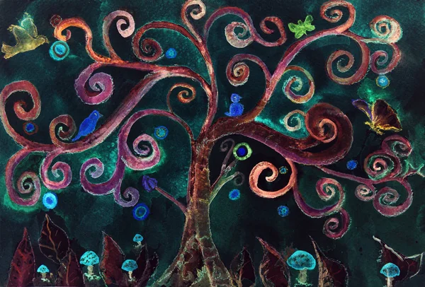 Imaginární tyrkysové šílenec strom proti noční obloze. — Stock fotografie