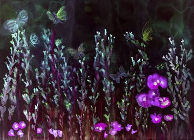 Haşhaş ve kelebekler gece lavanta alanıyla. Kenarlarına yakın dabbing teknik kağıt değişmiş yüzey pürüzlülüğü nedeniyle yumuşak odak etkisi verir.