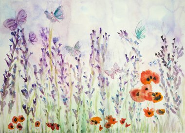 Haşhaş ve kelebekler lavanta alanıyla. Kenarlarına yakın dabbing teknik kağıt değişmiş yüzey pürüzlülüğü nedeniyle yumuşak odak etkisi verir.
