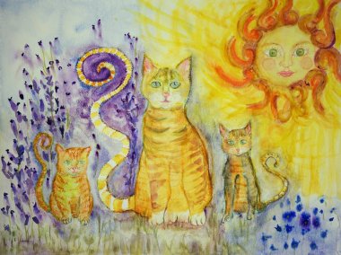 Zencefil kedi bir lavanta alandaki güneşli bir günde iki yavru kedi ile. Kenarlarına yakın dabbing teknik kağıt değişmiş yüzey pürüzlülüğü nedeniyle yumuşak odak etkisi verir.