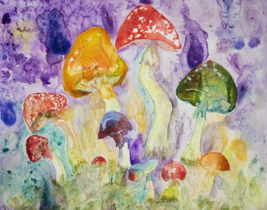 Koyu kırmızı, turuncu, mavi ve yeşil psychedelic speckles ile mantar. Yumuşak odak etkisi nedeniyle değişmiş yüzey pürüzlülüğü kağıdın dabbing tekniği verir.