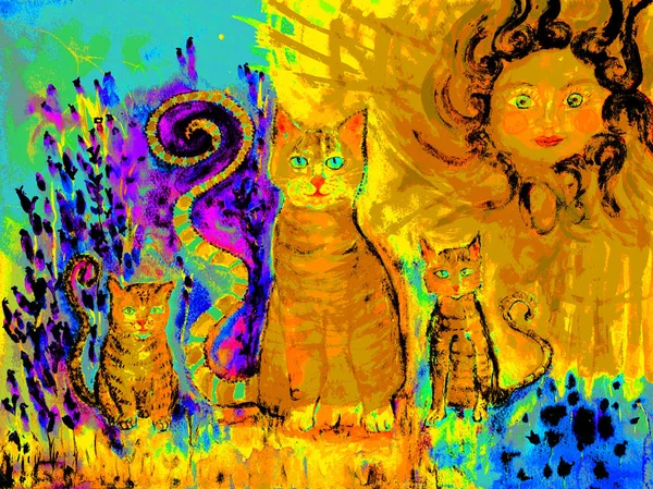 Pop art ginger cat with two kitten on a sunny day in a lavender field. The dabbing technique near the edges gives a soft focus effect due to the altered surface roughness of the paper.