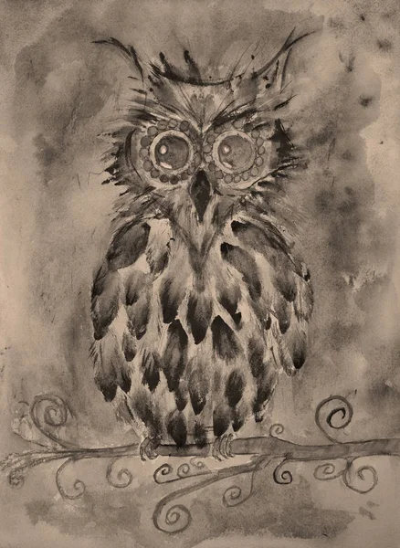 Retro fantasy owl in sepia on a branch. The dabbing technique near the edges gives a soft focus effect due to the altered surface roughness of the paper.