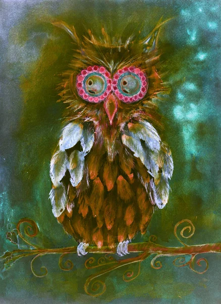 Folk art fantasy owl on a branch. The dabbing technique near the edges gives a soft focus effect due to the altered surface roughness of the paper.