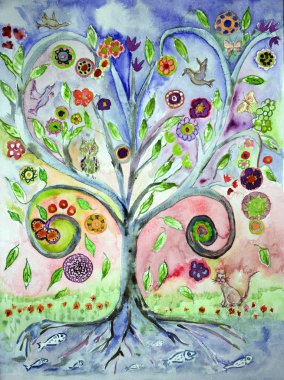 Halk hayat ağacı. Yumuşak odak etkisi nedeniyle değişmiş yüzey pürüzlülüğü kağıdın dabbing tekniği verir