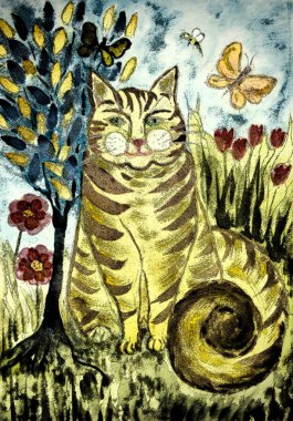 Hayat ağacı ile rustik çizgili zencefil kedi. Yumuşak odak etkisi nedeniyle değişmiş yüzey pürüzlülüğü kağıdın dabbing tekniği verir.