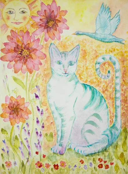 Turquoise cat with greenish eyes, flying goose, sun and flowers. The dabbing technique gives a soft focus effect due to the altered surface roughness of the paper.