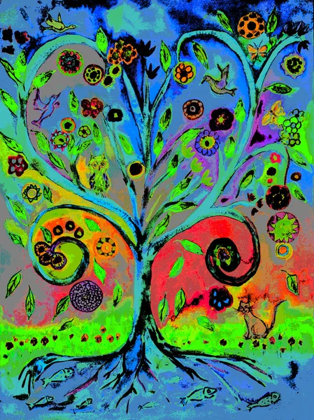 Pop art hayat ağacı. Yumuşak odak etkisi nedeniyle değişmiş yüzey pürüzlülüğü kağıdın dabbing tekniği verir.