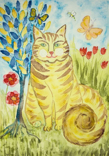 Striped ginger folk art cat with tree of life. The dabbing technique gives a soft focus effect due to the altered surface roughness of the paper.