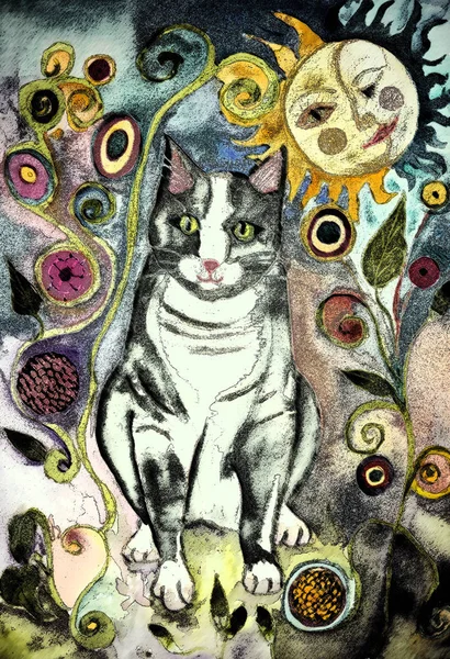 Rustic cat with sun and moon kissing. The dabbing technique gives a soft focus effect due to the altered surface roughness of the paper.