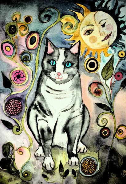 Gece gri Halk sanat kedi. Yumuşak odak etkisi nedeniyle değişmiş yüzey pürüzlülüğü kağıdın dabbing tekniği verir.