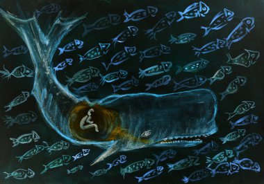 Jonah ve gece boyunca çok sayıda balıklar tarafından çevrili balina. Yumuşak odak etkisi nedeniyle değişmiş yüzey pürüzlülüğü kağıdın dabbing tekniği verir.