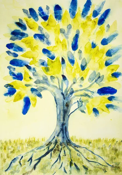 Folk art tree of life with yellow and blue leaves. The dabbing technique gives a soft focus effect due to the altered surface roughness of the paper