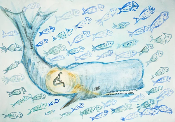 Jona Walvis Omringd Door Veel Vissen Deppen Techniek Geeft Een — Stockfoto