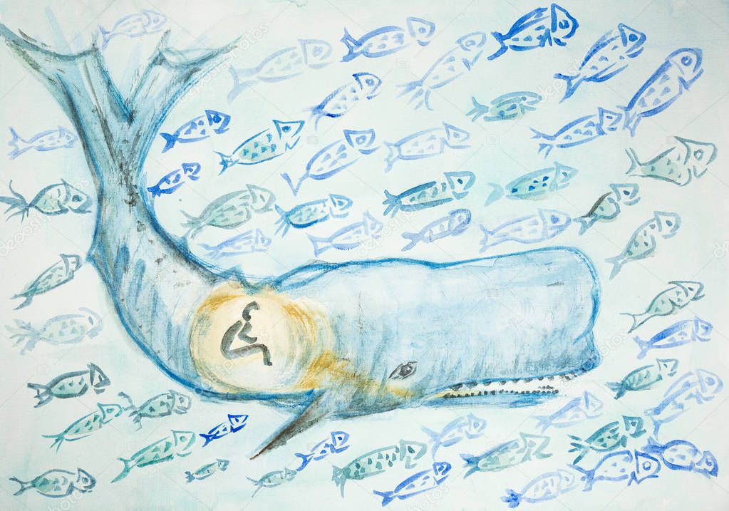 Jonah and the whale surrounded by many fishes. The dabbing technique gives a soft focus effect due to the altered surface roughness of the paper.