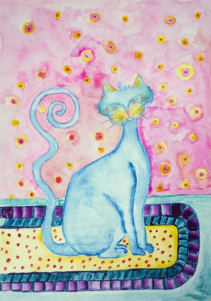 Blue cat with curly tail on sitting on a carpet. The dabbing technique gives a soft focus effect due to the altered surface roughness of the paper.