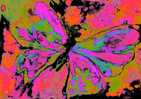 オレンジと黄色とピンクと緑の蝶をポップアート 軽くたたくテクニックにより 用紙の変更の表面粗さによるソフト フォーカス効果 — ストック写真