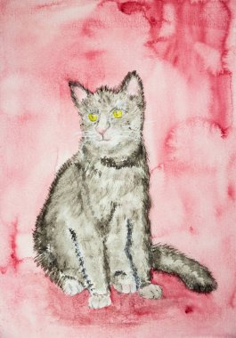 Gri kedi kırmızımsı pembe bir arka plan üzerinde. Yumuşak odak etkisi nedeniyle değişmiş yüzey pürüzlülüğü kağıdın dabbing tekniği verir.