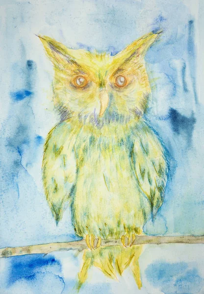 Blue and yellow owl on a branch on a blue background. The dabbing technique near the edges gives a soft focus effect due to the altered surface roughness of the paper.