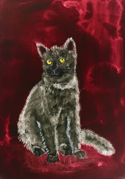をこねる赤の背景に灰色の子猫 軽くたたくテクニックにより 用紙の変更の表面粗さによるソフト フォーカス効果 — ストック写真