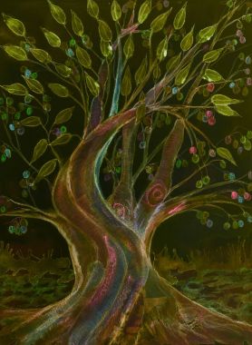 Geceleri renkli zeytinli parlak zeytin ağacı. Yumuşak odak etkisi nedeniyle değişmiş yüzey pürüzlülüğü kağıdın dabbing tekniği verir.