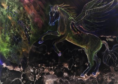 Kanatları psychedelic Şahlanan at. Kenarlarına yakın dabbing teknik kağıt değişmiş yüzey pürüzlülüğü nedeniyle yumuşak odak etkisi verir.