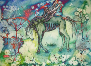 Psychedelic at yardımla manzara içinde. Kenarlarına yakın dabbing teknik kağıt değişmiş yüzey pürüzlülüğü nedeniyle yumuşak odak etkisi verir.