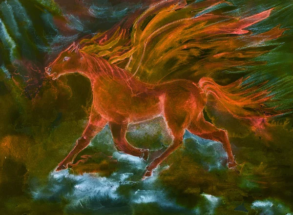 Ψυχεδελικό Κόκκινο Άλογο Της Αποκάλυψης Φωτιά Και Φλόγα Κτύπημα Τεχνική — Φωτογραφία Αρχείου