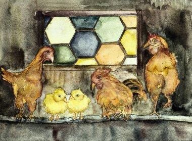 Hep birlikte tavuk kümesi. Kenarlarına yakın dabbing teknik kağıt değişmiş yüzey pürüzlülüğü nedeniyle yumuşak odak etkisi verir.