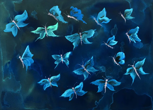 青い蝶の飛翔 軽くたたくテクニックにより 用紙の変更の表面粗さによるソフト フォーカス効果 — ストック写真